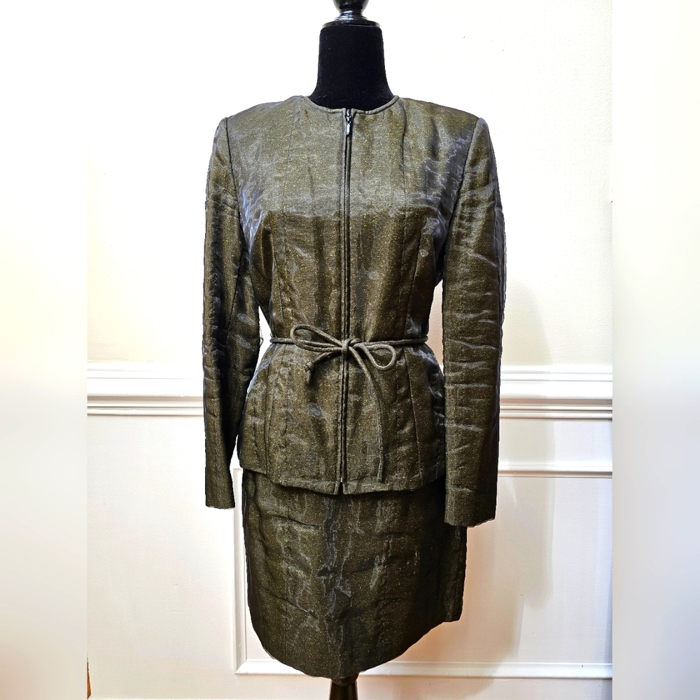 Cache Vintage Green Zip-Up Skirt Suit Women's Size 6